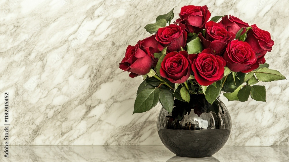 A bouquet of deep red roses with green foliage in a black ceramic vase, set on a marble surface. A bouquet of deep red roses with green foliage in a black ceramic vase, set on a marble surface.