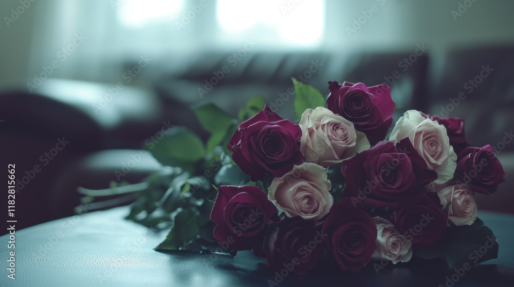 Fototapeta premium A bouquet of roses in rich burgundy and blush tones, elegantly arranged on a modern coffee table.