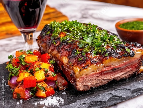 Delicious Grilled Beef Steak with Herb Sauce and Vegetable Salad photo