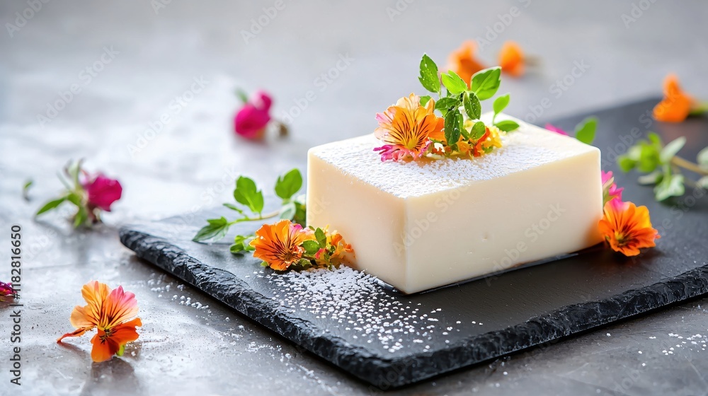 Elegant White Dessert Cube with Vibrant Flowers Delicate Presentation Elegant White Dessert Cube with Vibrant Flowers Delicate Presentation