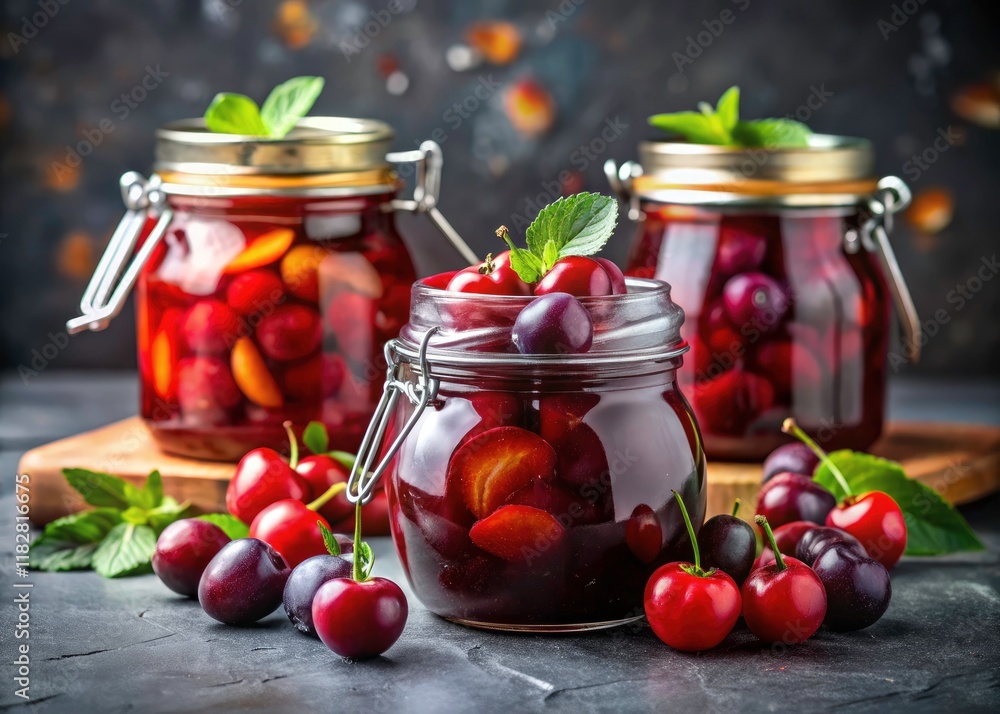 Homemade Plum & Cherry Compote: Canning Jars, High Depth of Field Photography Homemade Plum & Cherry Compote: Canning Jars, High Depth of Field Photography
