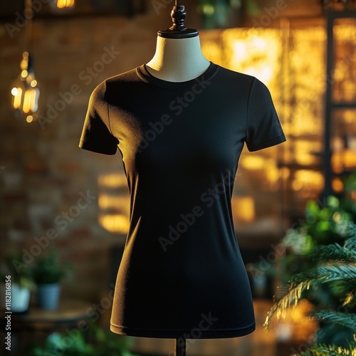 oversized black t-shirt on sleek mannequin in industrial studio with minimalist fashion display photo