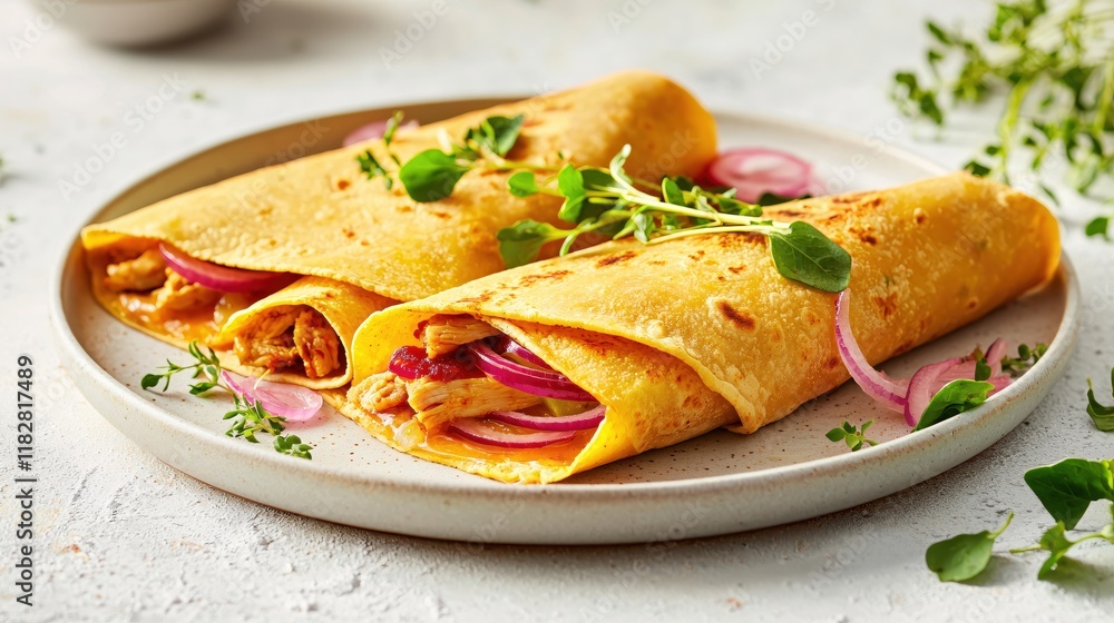 Delicious Chicken Wraps with Red Onion and Herbs Savory Lunch Meal Delicious Chicken Wraps with Red Onion and Herbs Savory Lunch Meal