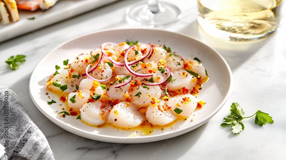 Fresh Scallop Ceviche with Red Onion and Chili Garnish A Delicious and Vibrant Seafood Dish Fresh Scallop Ceviche with Red Onion and Chili Garnish A Delicious and Vibrant Seafood Dish