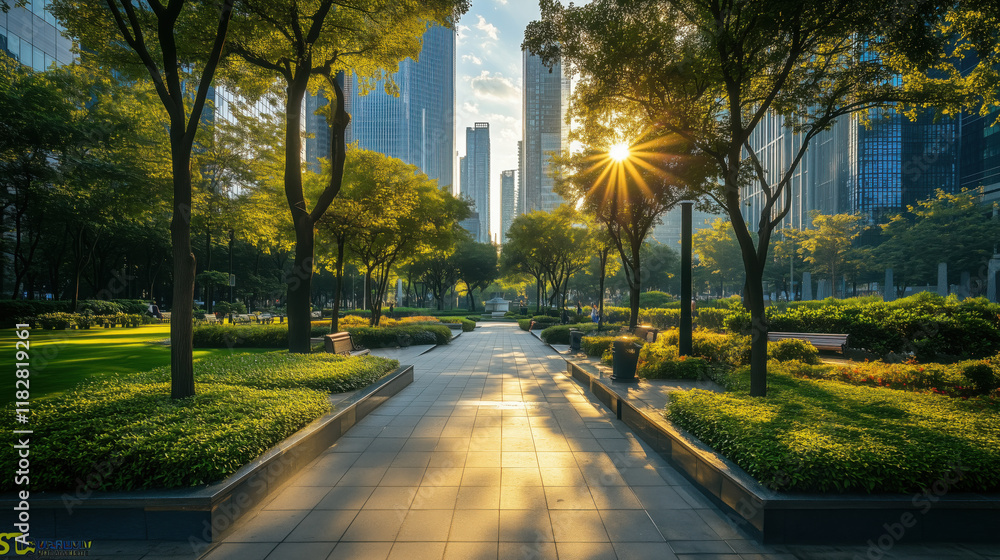 Naklejka premium An Urban Park with Wide Walkways, Neatly Trimmed Bushes, and Shaded Seating Areas, Located Amidst Steel and Glass Towers of the City, with Sunlight Filtering Through Trees and Urban Sounds in the Dist