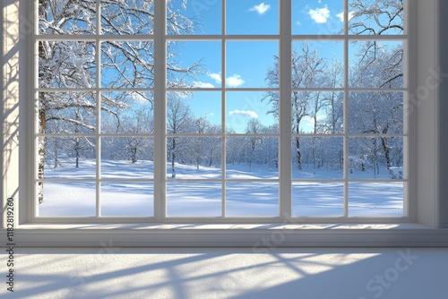 A vacant room with a tranquil snowy scene visible through the window in the background