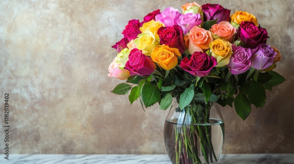 A large bouquet of rainbow-colored roses, arranged in a transparent vase on a marble surface. A large bouquet of rainbow-colored roses, arranged in a transparent vase on a marble surface.