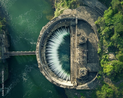 The hydroelectric dam, with its rushing water and spinning turbines, highlights the generation of clean energy for ecological and carbon goals, providing a dynamic view photo