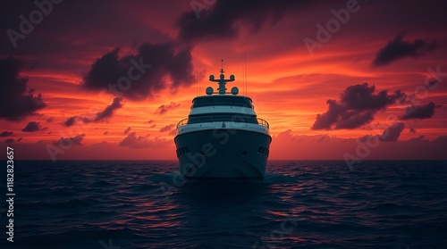 A white yacht at sunset, captured in soft pastel colors and high contrast low-key lighting.  The scene conveys an ethereal, spiritual vibe with a light aura, mystical feeling, deep shadows, and a dram photo