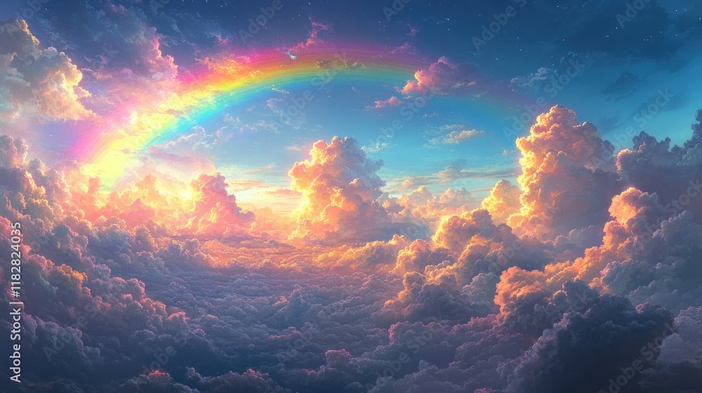 Fototapeta premium Pixel Art Rainbow Landscape with Fluffy Clouds in Soft Pastel Colors