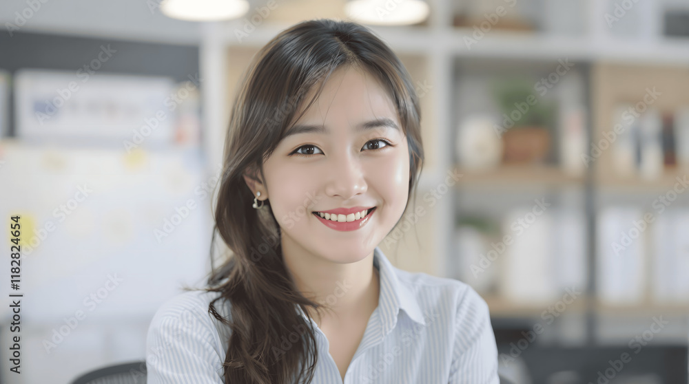 オフィスで微笑む日本人ビジネスウーマン オフィスで微笑む日本人ビジネスウーマン