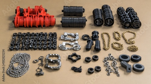 A collection of mechanical engineering components like pulleys, chains, and fasteners arranged on a work surface. photo