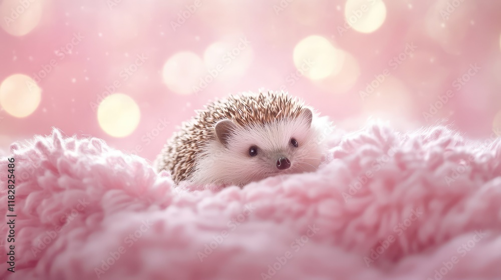 Obraz premium A curious hedgehog exploring a soft blanket, with pastel tones and negative space for text.