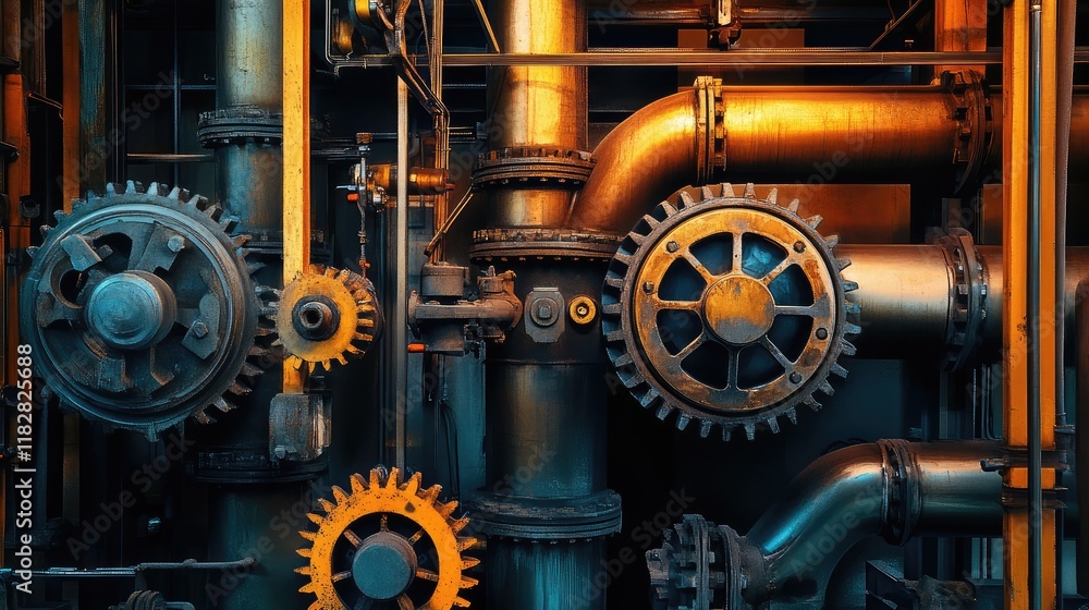 Obraz premium A detailed image of mechanical components like valves, gears, and pipes arranged in a factory setting, with space for text.