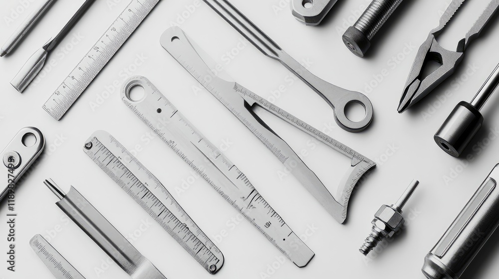 A set of industrial engineering tools such as calipers, micrometers, and protractors on a clean background. A set of industrial engineering tools such as calipers, micrometers, and protractors on a clean background.