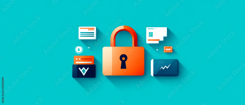 A vibrant image featuring a digital lock, symbolizing online security and privacy among various digital elements like cards and graphs. A vibrant image featuring a digital lock, symbolizing online security and privacy among various digital elements like cards and graphs.