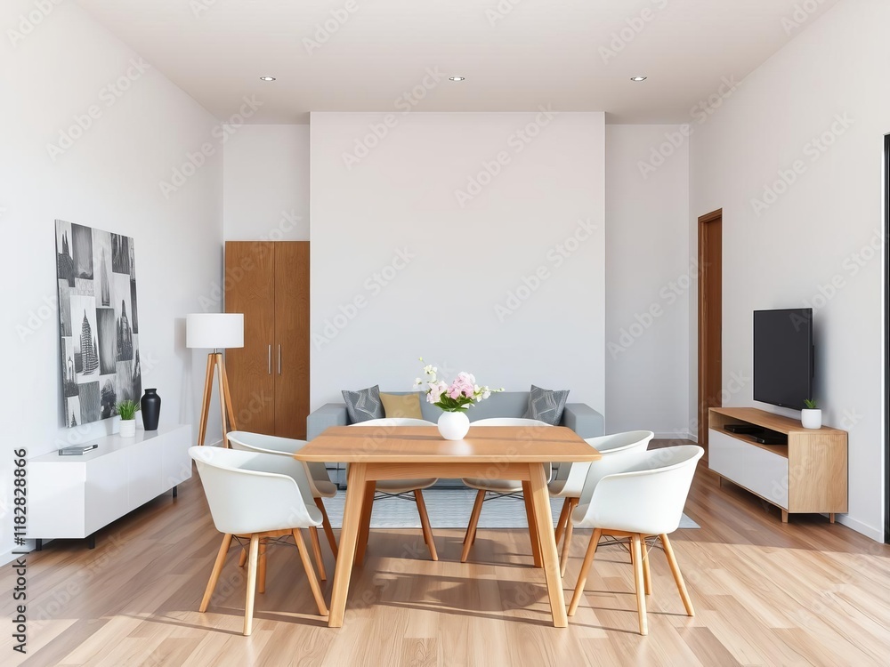 Fototapeta premium Modern living room with a sleek wooden dining table surrounded by contemporary chairs and minimalist decor, interior, minimalist