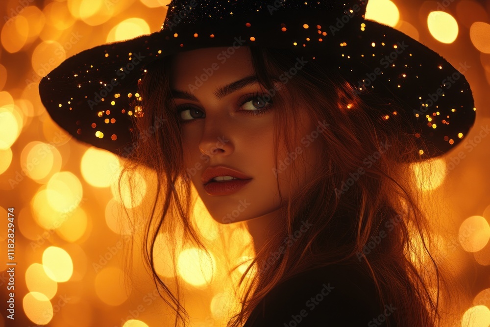 Halloween Party Scene with Mysterious Woman in Witch Hat and Warm Bokeh Lights Halloween Party Scene with Mysterious Woman in Witch Hat and Warm Bokeh Lights