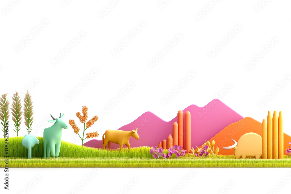 A vibrant, stylized landscape featuring colorful mountains, grazing animals, and lush greenery, showcasing the beauty of nature. A vibrant, stylized landscape featuring colorful mountains, grazing animals, and lush greenery, showcasing the beauty of nature.