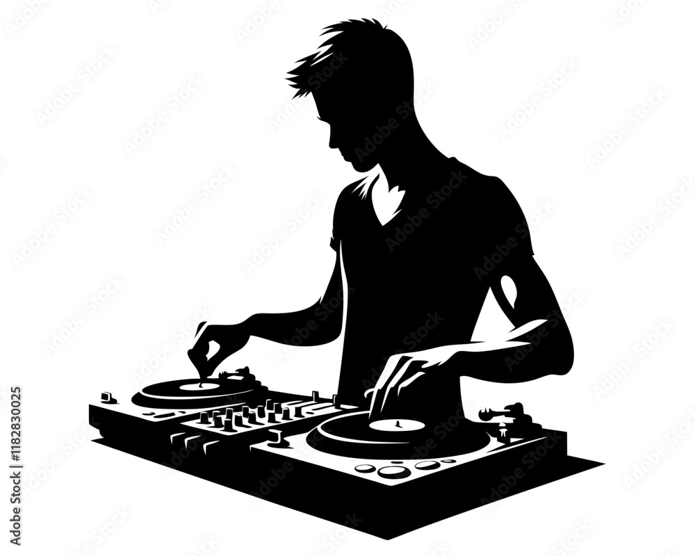 Dj at turntables silhouette. Clipart image isolated on background.