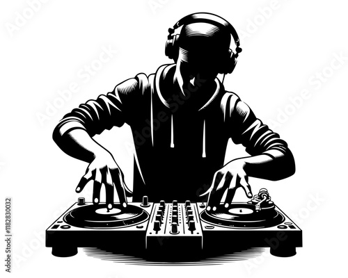 Dj with turntables silhouette. Clipart image isolated on background.