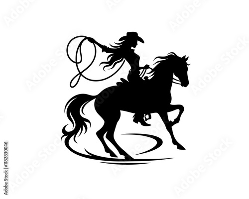 Cowgirl silhouette pose. Clipart image isolated on background.