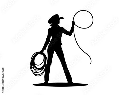 Cowgirl with lasso silhouette. Clipart image isolated on background.