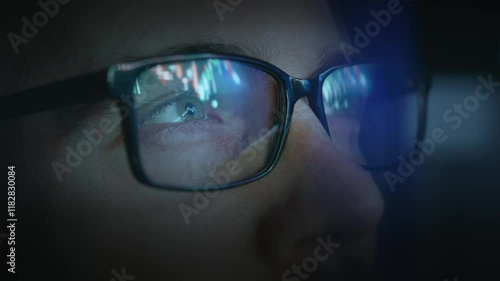 Wallpaper Mural Computer Glasses Reflecting Stock Market Data Dark Room Blue Light Technology Torontodigital.ca