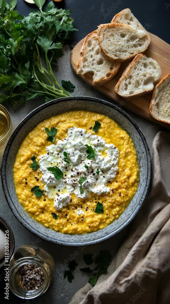Creamy yellow risotto topped with fresh herbs and cheese served with rustic bread and olive oil Creamy yellow risotto topped with fresh herbs and cheese served with rustic bread and olive oil
