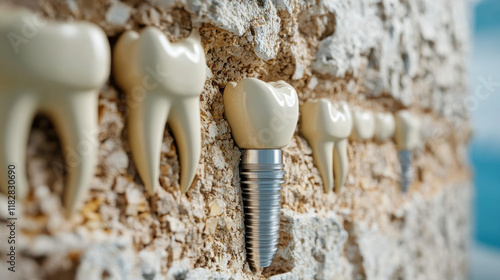 Dental Implant Treatment, 3D illustration showcasing the durability of a titanium object, created with high fidelity for commercial use. Ideal for projects emphasizing strength. photo