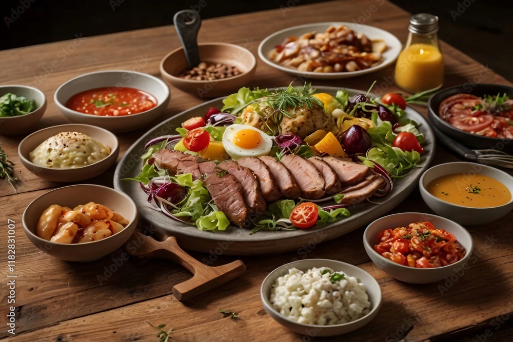 A gourmet meal beautifully arranged on a rustic wooden table. The meal should include a variety of colorful dishes, such as fresh salads, grilled meats and delicious desserts A gourmet meal beautifully arranged on a rustic wooden table. The meal should include a variety of colorful dishes, such as fresh salads, grilled meats and delicious desserts