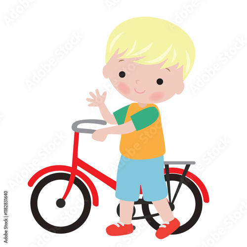 Cute little  boy with a bicycle vector cartoon flat style illustration
