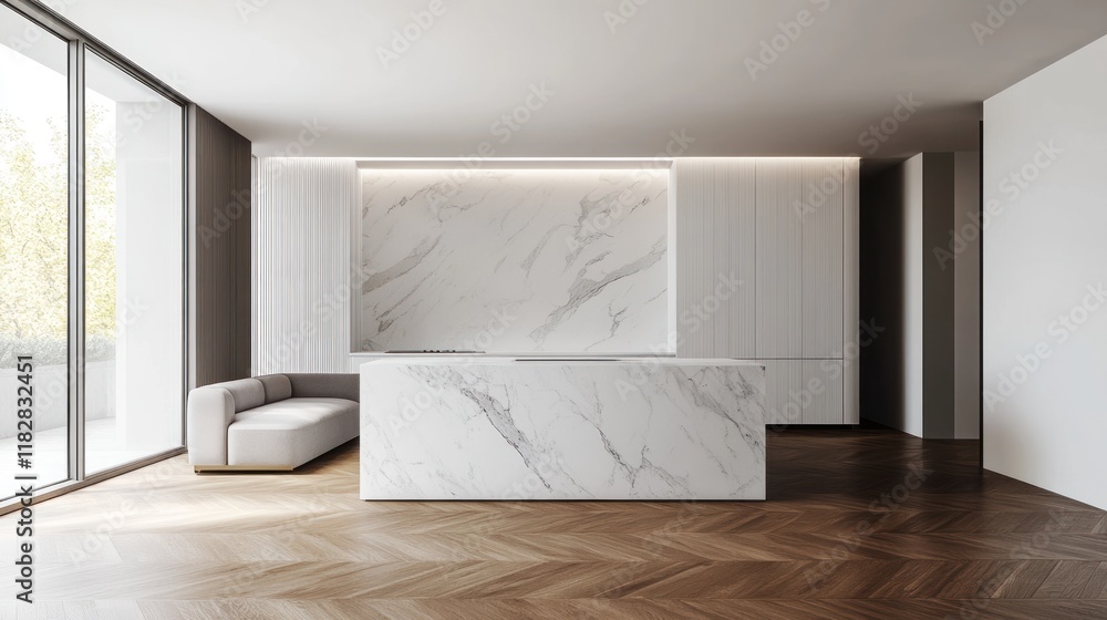 Fototapeta premium Modern Minimalist Kitchen Design with Marble Island and Herringbone Floor
