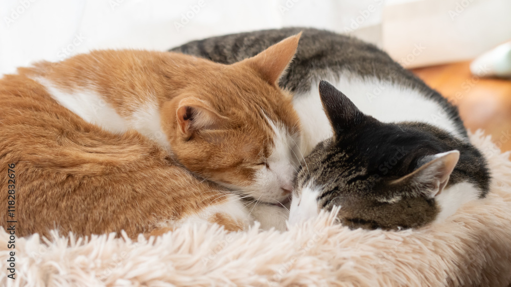 窓辺で眠る可愛い二匹の猫 窓辺で眠る可愛い二匹の猫
