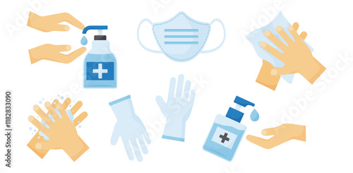 Hand hygiene, medical ppe icon, disinfect gel bottle, antiseptic soap and wipes, gloves and protective mask. Colored medicine set isolated on white background. Personal treatment vector illustration
