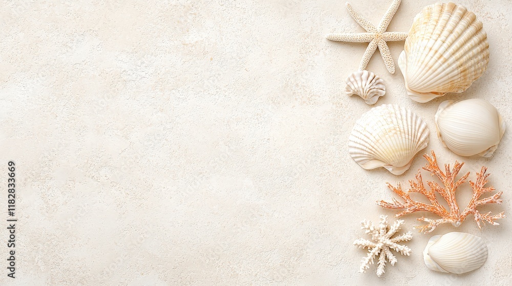 Obraz premium Collection of White Seashells and Coral on Light Textured Background for Beach and Nature Themes