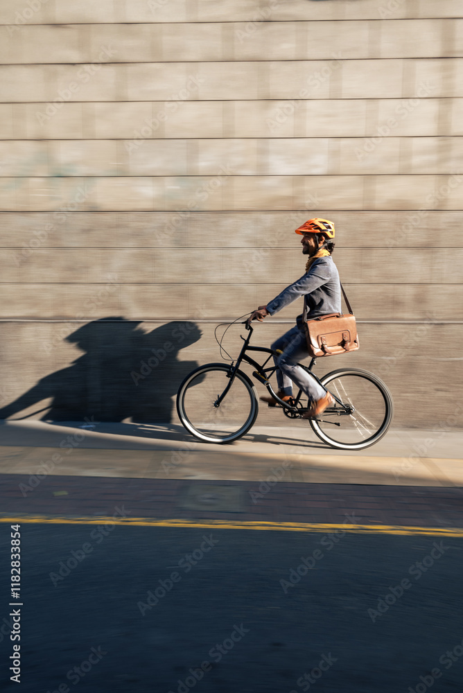 Naklejka premium Businessman rides a bicycle in the afternoon. Copy space.