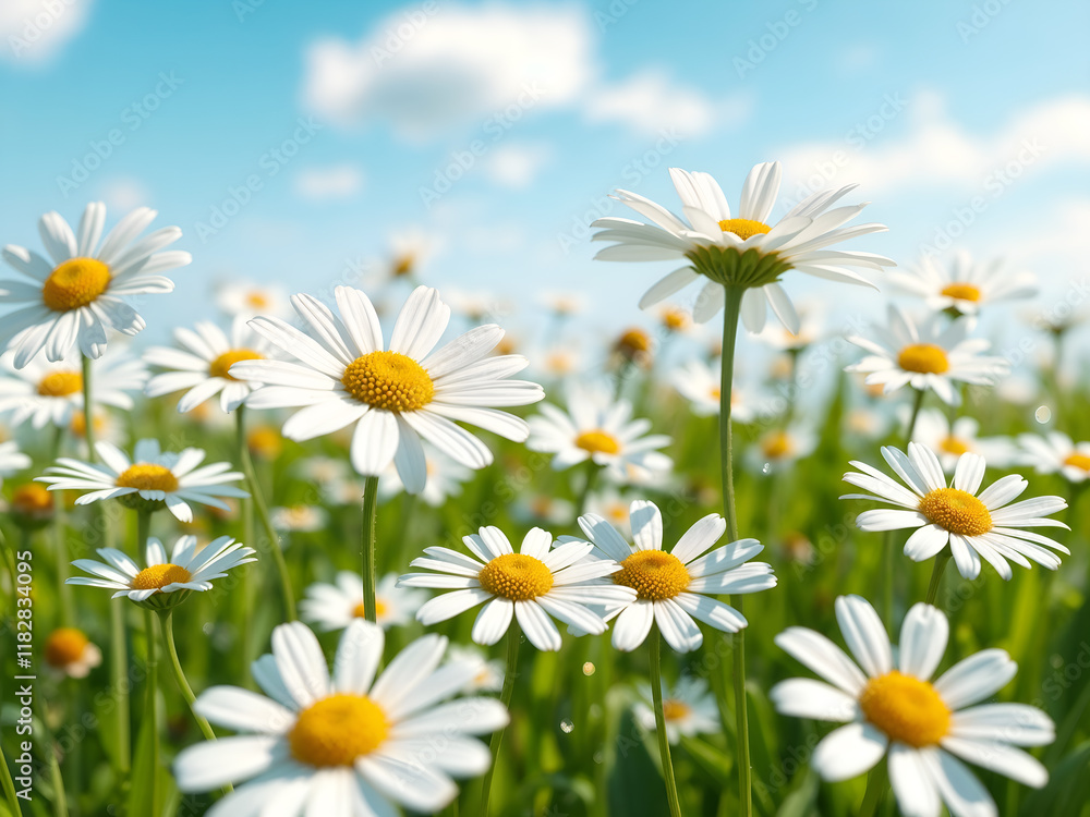 Fototapeta premium A vibrant field of daisies under a bright blue sky. Perfect for spring, nature, or seasonal designs. Generative AI
