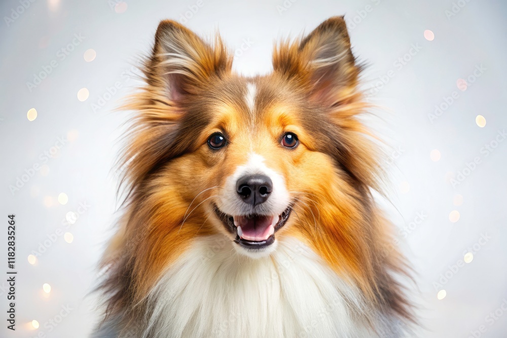 Fototapeta premium Shetland Sheepdog, Happy Dog, White Background, Surreal Pet Photography, Fluffy Dog, Cute Dog