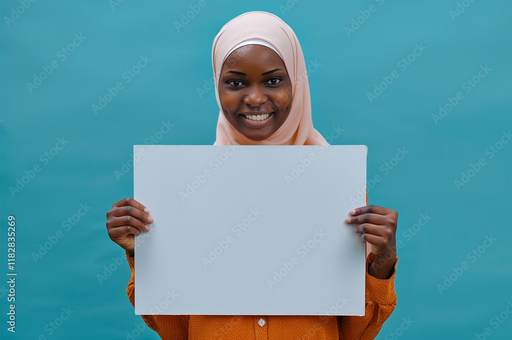 Smiling Muslim Woman Holding Blank Sign Advertisement Announcement. Copy space. Smiling Muslim Woman Holding Blank Sign Advertisement Announcement. Copy space.