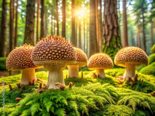 Shingled Hedgehog Mushrooms Forest Photography: Edible Fungi, Sarcodon Imbricatus, Mossy Spruce Woods photo