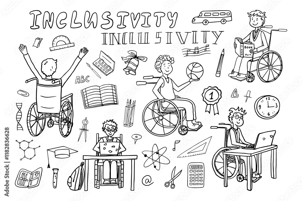 Obraz premium Inclusivity. Inclusive education. School students. School kids in a wheelchair. Teen boy in a wheelchair. Back to school. Doodle style. Great for banner, posters, professional design.