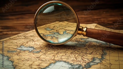 Antique Magnifying Glass on Vintage Map: Exploring the Past