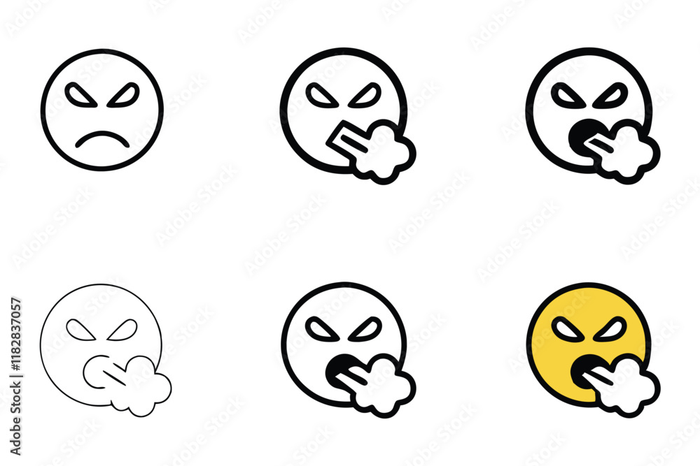 Angry emoji illustration with steam blowing from its face, depicting frustration and rage, ideal for modern communication, line art Angry emoji illustration with steam blowing from its face, depicting frustration and rage, ideal for modern communication, line art