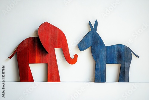 Red Elephant and Blue Donkey Symbolize Political Rivalry and Election Campaigns in U S Presidential Elections photo