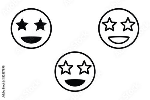 Minimalist line art emoji face with stars for eyes showing amazement and joy, ideal for creative expressions, line art