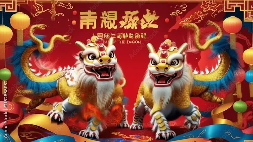Two golden lion dancers on red background with lanterns and ribbons. Two golden lion dancers on red background with lanterns and ribbons.