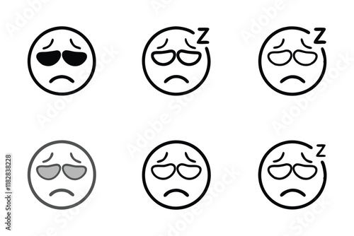 Sad and tired emoji faces featuring droopy eyes and melancholic expressions illustrated as part of a line art icon set