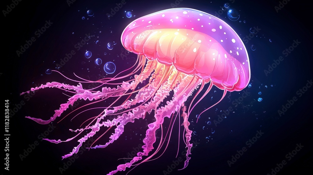 Vibrant Pink Jellyfish with Glowing Tentacles in Dark Ocean Background for Marine Life Illustrations Vibrant Pink Jellyfish with Glowing Tentacles in Dark Ocean Background for Marine Life Illustrations