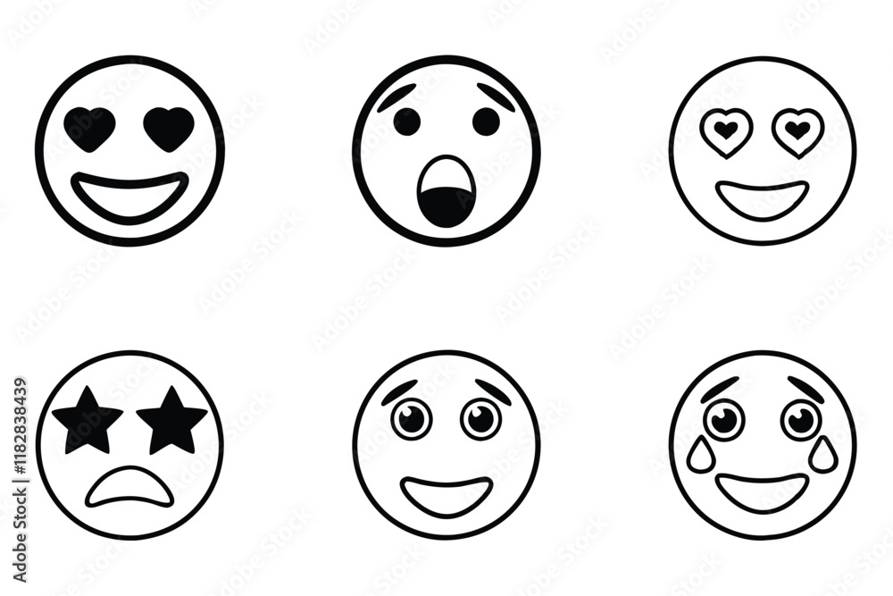 Diverse set of emoji face designs capturing emotions in simple line art icon style, ideal for user interfaces and graphic assets Diverse set of emoji face designs capturing emotions in simple line art icon style, ideal for user interfaces and graphic assets